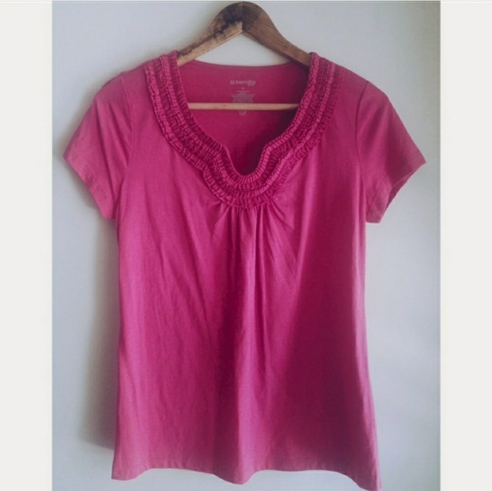 Ruffled Neckline Short Sleeve T Shirt Blouse Top